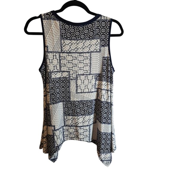SJS NAVY BLUE WHITE SLEEVELESS TOP SIZE LARGE GEOMETRIC DESIGN FRONT TIE - Picture 4 of 7